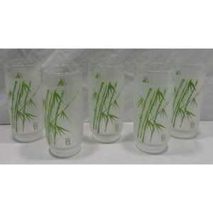 4 Vtg Frosted Bamboo Tea/Water Tumbler Tapered Bottom Glasses 5 1/4"